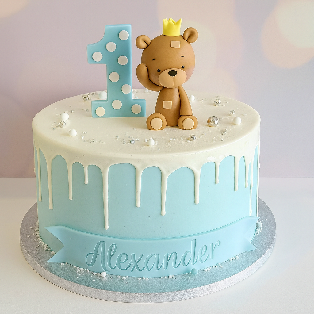 Blue Teddy Drip Birthday Cake