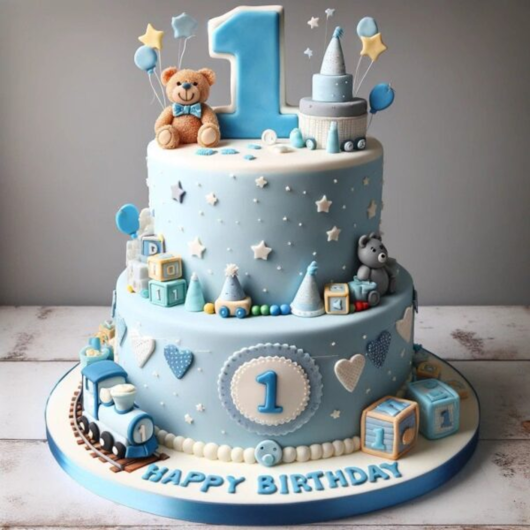 Blue Teddy & Train Fortnite Birthday Cake
