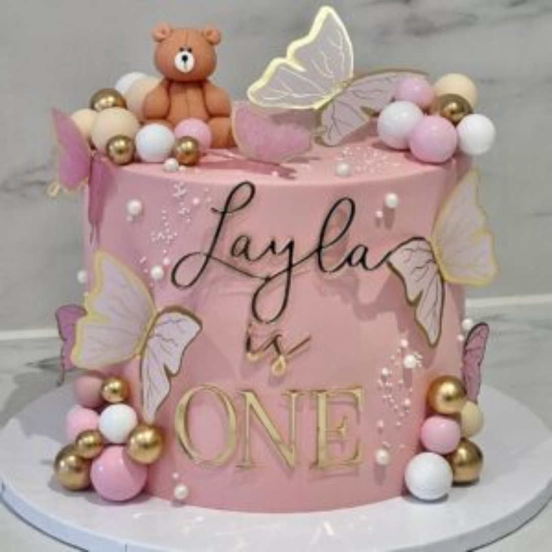 Pink Butterfly & Teddy Birthday Cake