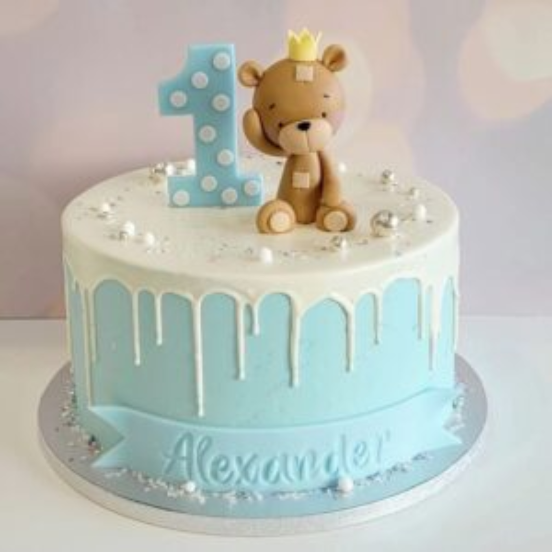 Blue Teddy Drip Birthday Cake