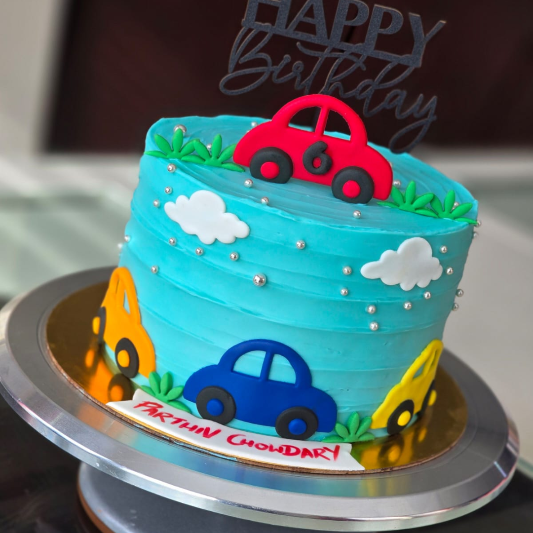 Colorful Car Parade Birthday Vanilla Cake